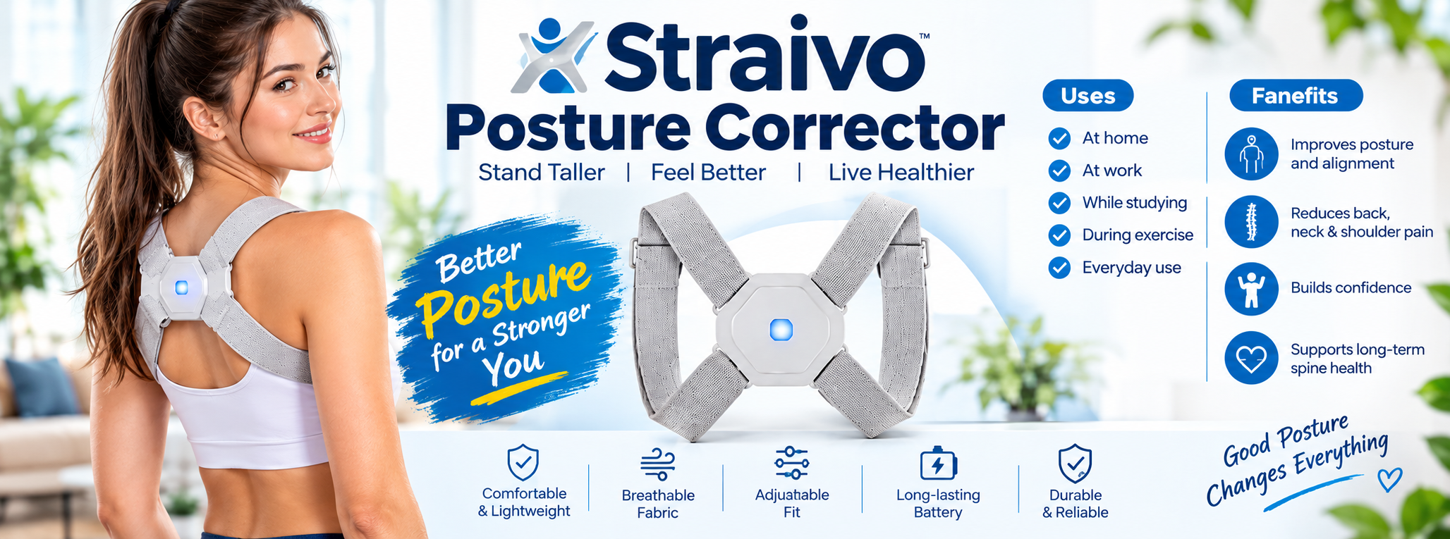Woman wearing the grey Straivo posture corrector
