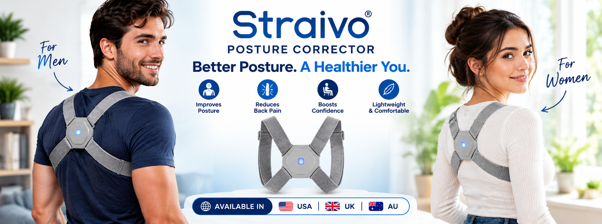Straivo posture corrector shown worn by a man and a woman